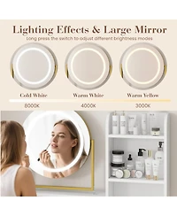 gaomon Vanity Desk with Rotating Mirror & Adjustable Light, Makeup Dressing Table with Power Outlet, 2 Drawers & Shelves, Includes Stool for Bedroom