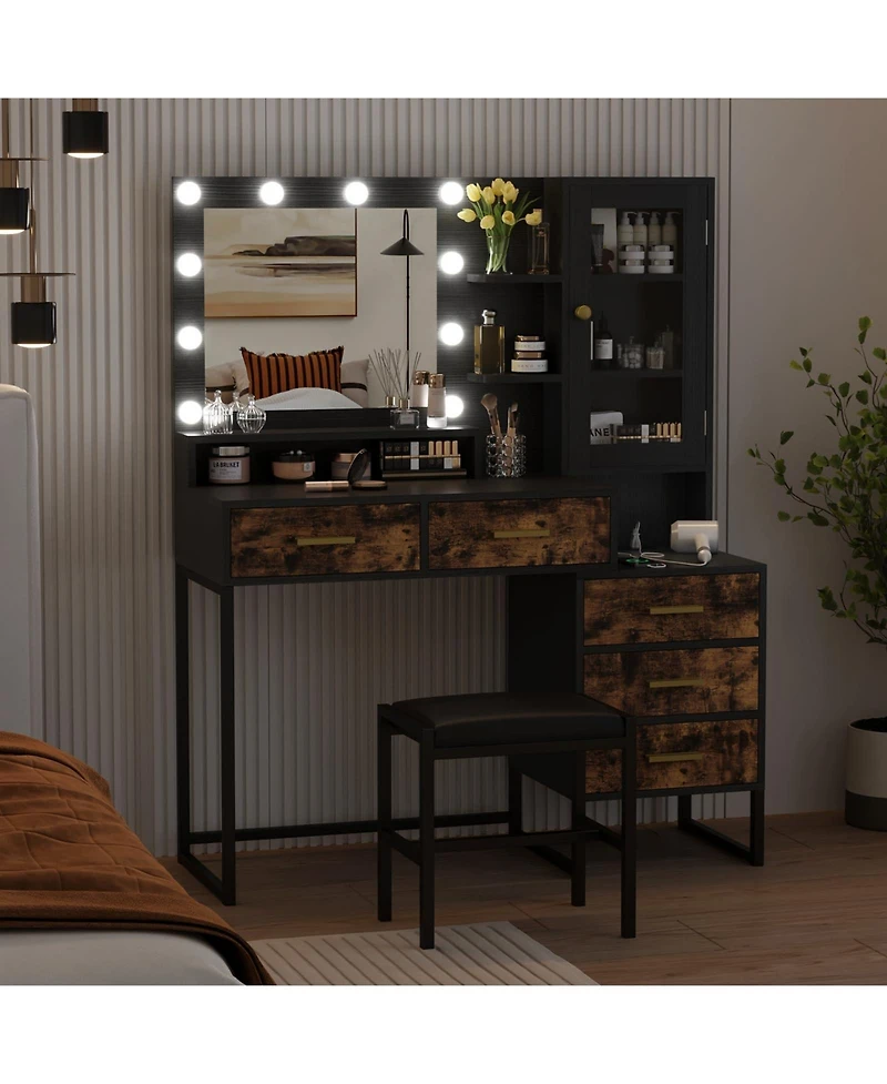 gaomon Makeup Vanity with Upholstered Stool & Charging Station, Desk Mirror and Lights
