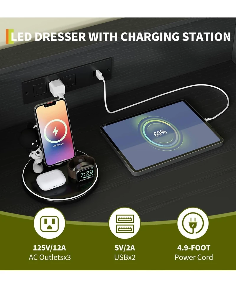 gaomon Tall 4-Drawer Dresser with Rgb Lights & Charging Station, App Controlled Music Sync Led