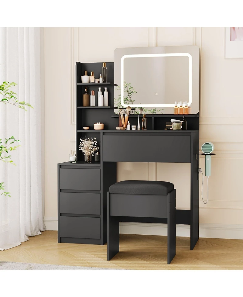 gaomon Vanity Set with Mirror and Adjustable Lights, Makeup Table Built-in Charging Station, Desk 4 Drawers,