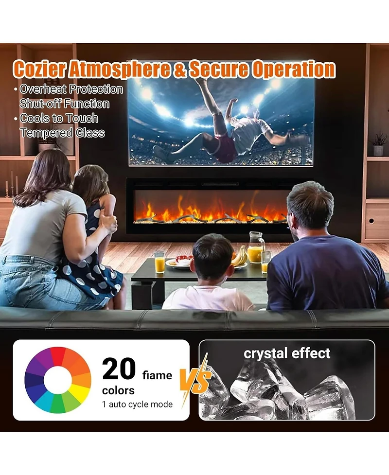 Gaomon 88" Smart Electric Fireplace, Wall Mounted/Recessed, WiFi, Remote & Touch, 750W/1500W Dual Heat, Adjustable Flame, Timer, Log & Crystal De