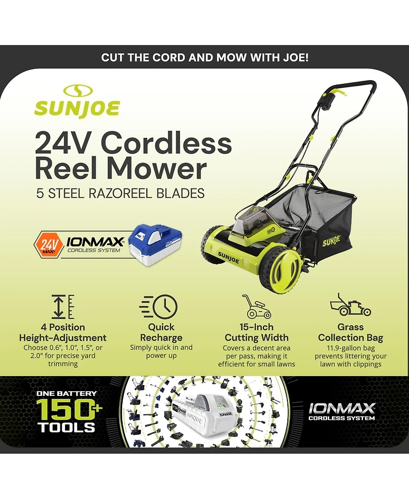 Sun Joe Cordless Push Reel Mower, 15” Yard Trimmer w/ Collection Bag, 24V-CRLM15