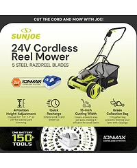 Sun Joe Cordless Push Reel Mower, 15” Yard Trimmer w/ Collection Bag, 24V-CRLM15