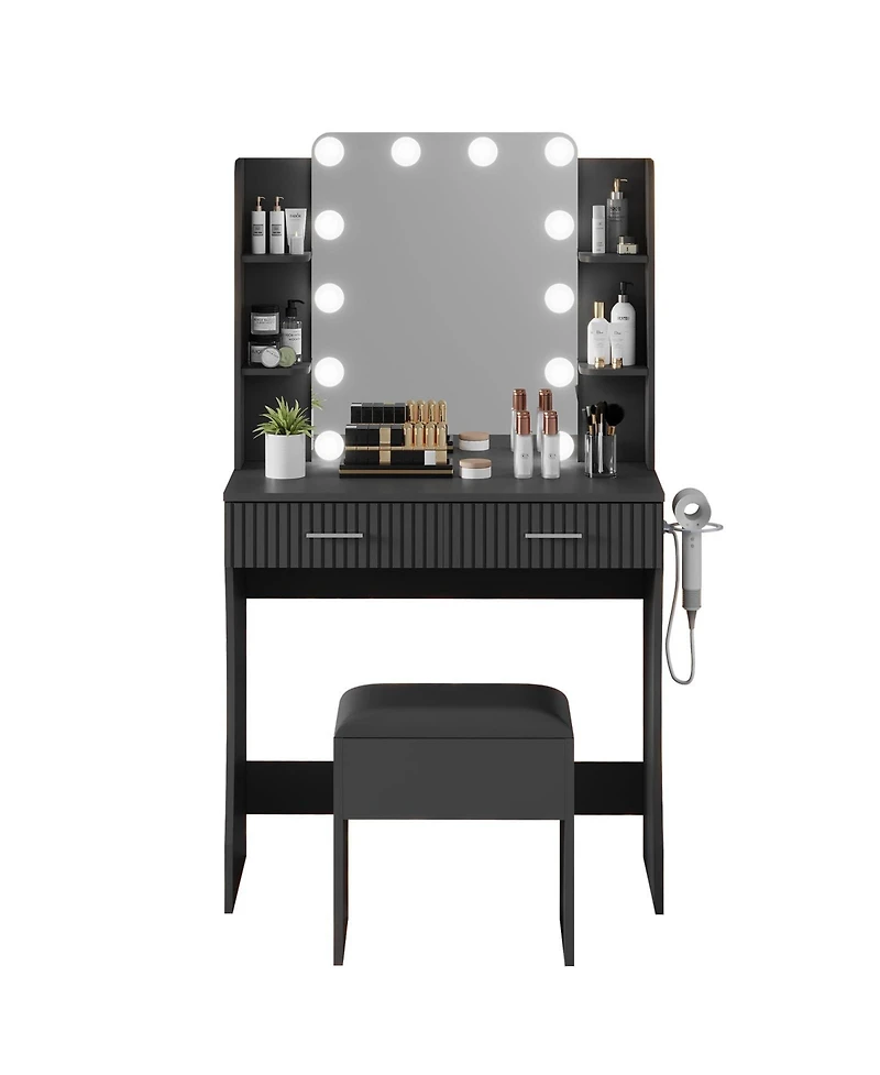 gaomon Dressing Table with 12 Led Mirror and Stool,Modern Vanity Desk Power Outlet,2 Drawers 6 Shelve for Cosmetics Storage