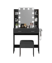 gaomon Dressing Table with 12 Led Mirror and Stool,Modern Vanity Desk Power Outlet,2 Drawers 6 Shelve for Cosmetics Storage