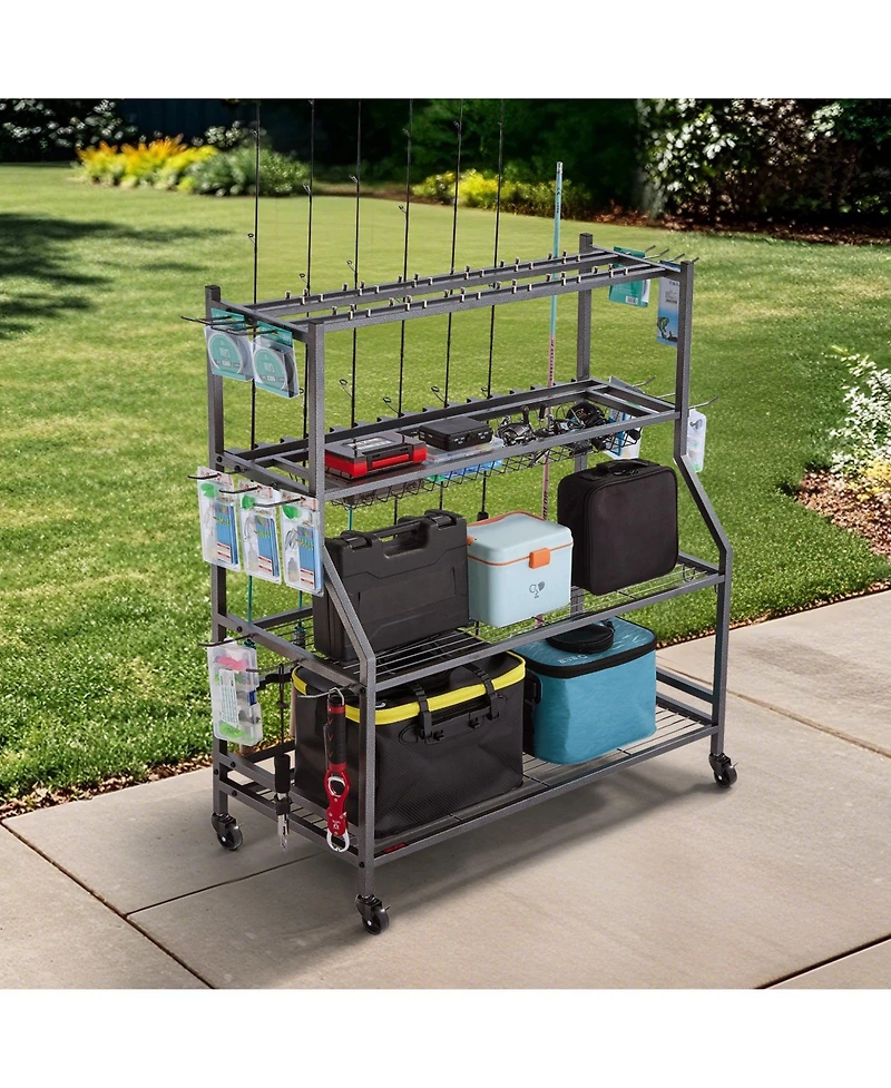 Mecale Fishing Rod Holder, 15-Rod Mobile Pole Rack Cart with Wheels for Garage or Home Fishing Gear Storage