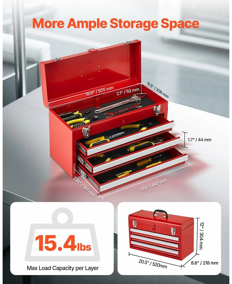 Mecale Metal Tool Box, 3-Drawer Portable Tool Chest, Eva Liners, Locking, Ball-Bearing Slides