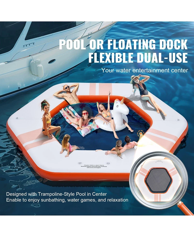Mecale Inflatable Floating Dock Platform, 8.5FT Dock with 5FT Trampoline Mesh Pool, Non-Slip, Portable Bag, Detachable Ladder
