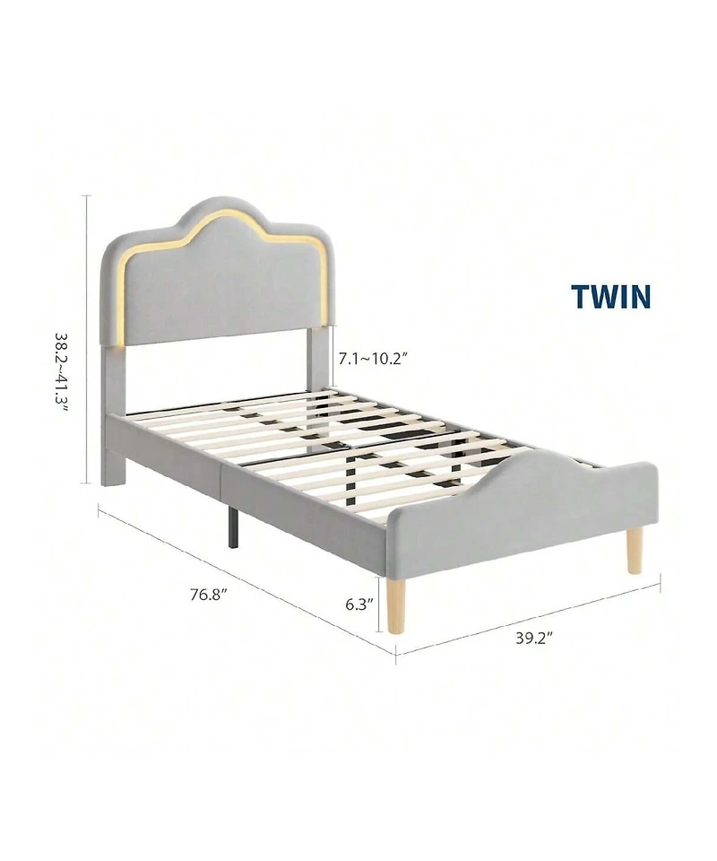 gaomon Upholstered Led Bed Frame with Headboard and Footboard Velvet Princess Platform Bedframe for Kids or Girls Wooden Slats Support No Box Spring