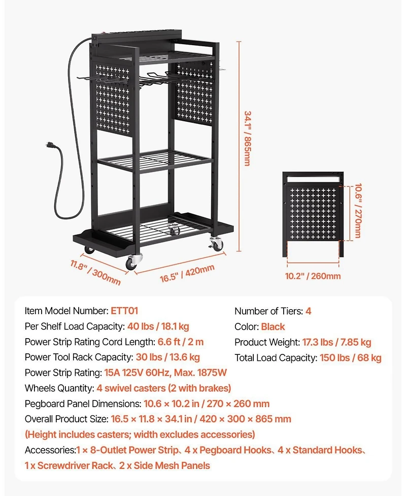 Mecale 4-Tier Tool Organizer Cart with Charging Station, 8 Ac Outlets, Rolling Drill Holder & Tool Battery Storage Rack, Wheels, Garage Use