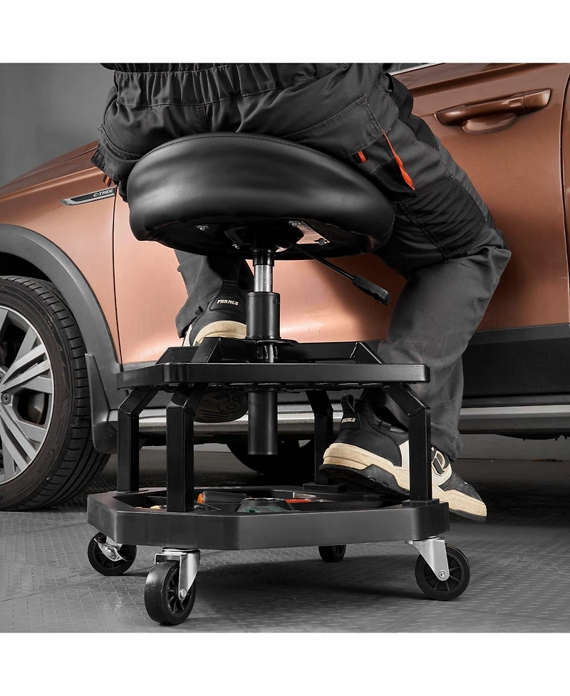 Mecale Pneumatic Rolling Shop Stool, Adjustable Height Garage Work Stool, 300 lb Capacity, 360° Swivel Padded Seat with Casters