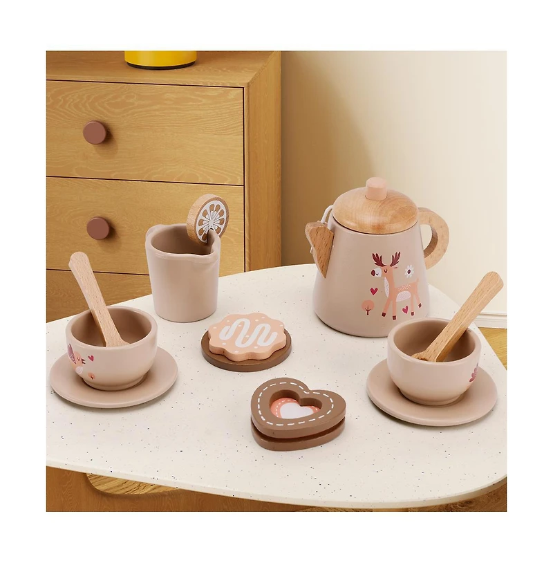 Bruce & Shark 13-Piece Wooden Tea Set with Teapot, Cups & Treats, Child-Safe Gift