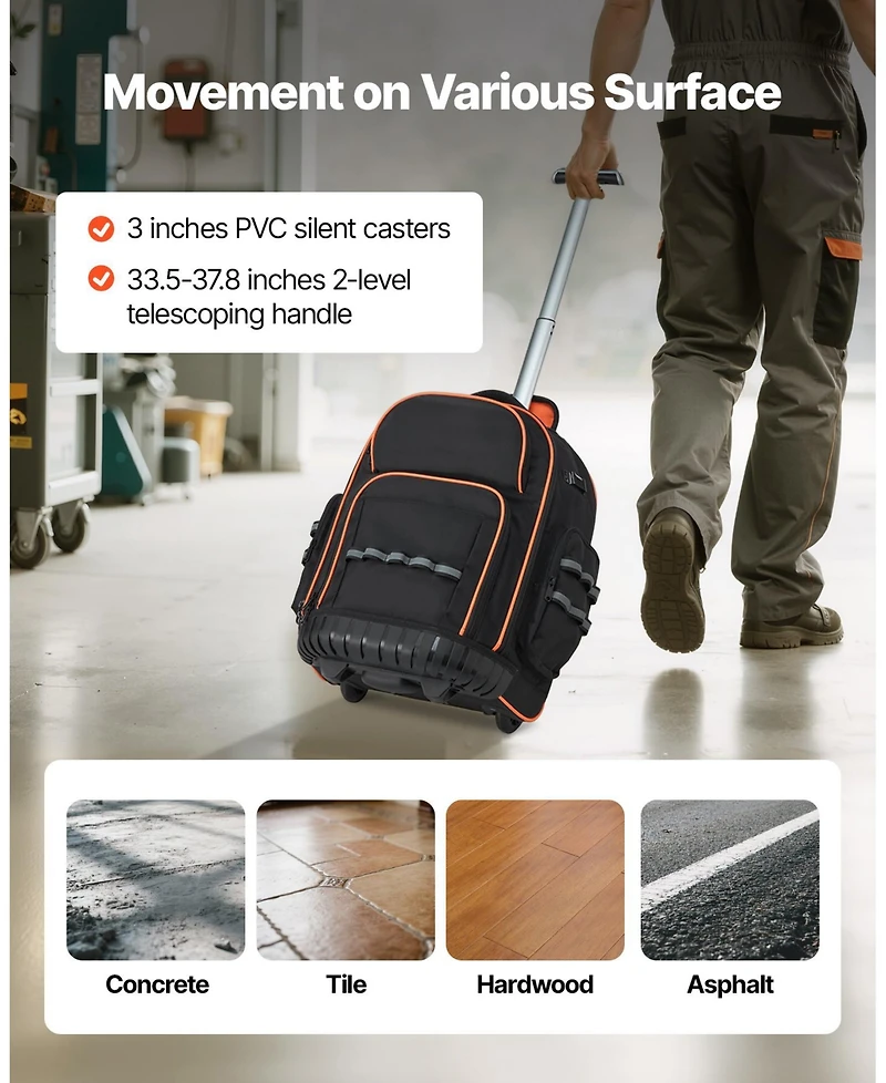 Mecale Rolling Tool Backpack on Wheels, 110 lb Capacity, 45 Pockets, Heavy-Duty Tool Organizer, Telescoping Handle, Stable Base