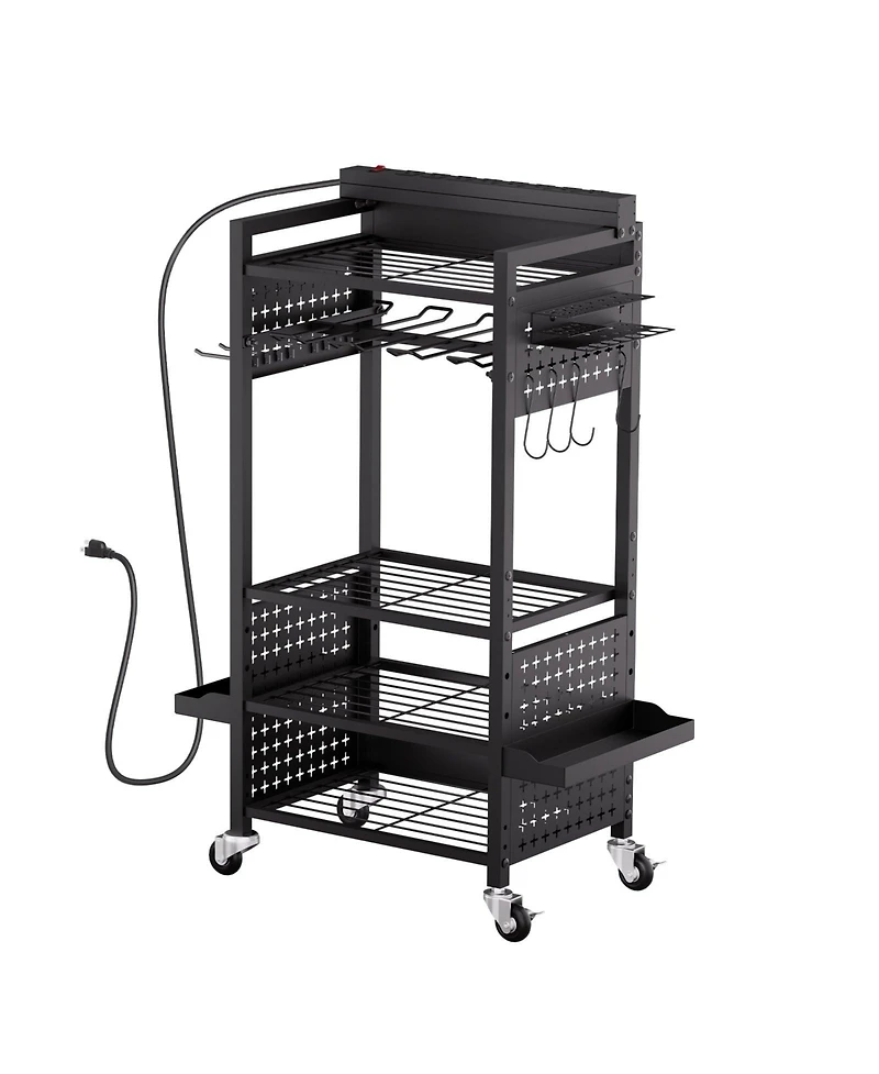 Mecale 5-Tier Tool Organizer Cart with Charging Station, 8 Ac Outlets, Rolling Drill Holder & Tool Battery Storage Rack, Wheels, Garage Use