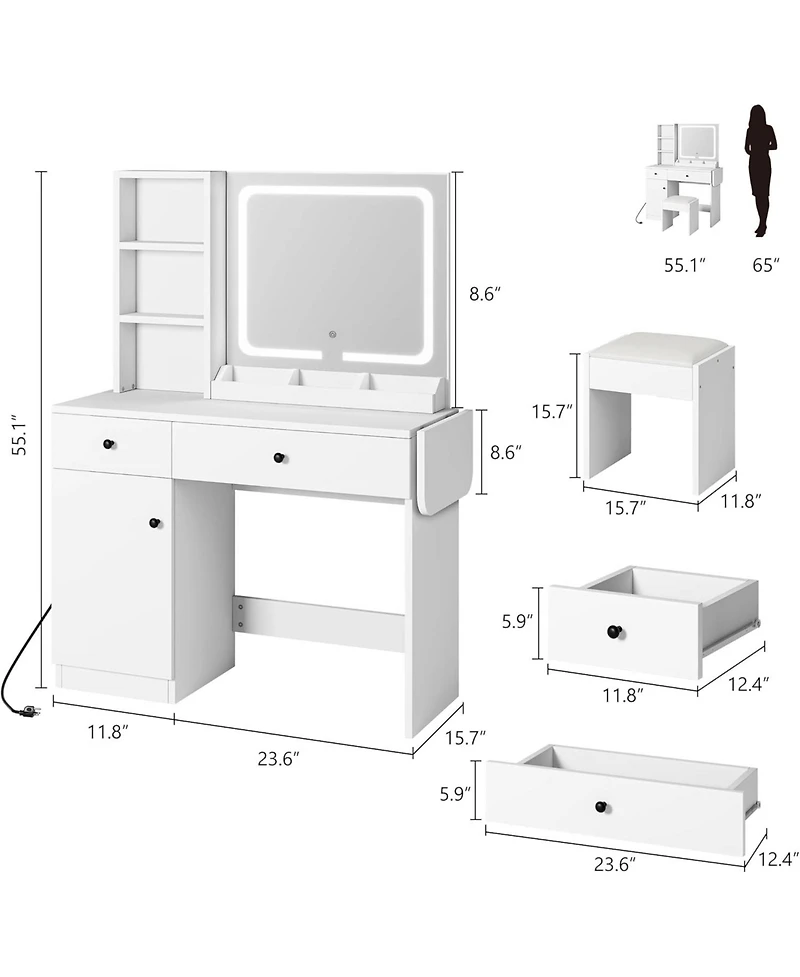 gaomon Makeup Vanity Desk with Mirror and Lights - Vanity Table Set with Drawer/Power Outlet/Storage Chair/3 Shelves for Bedroom - White