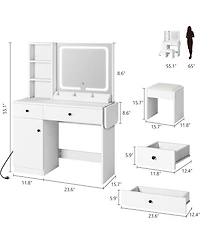 gaomon Makeup Vanity Desk with Mirror and Lights - Vanity Table Set with Drawer/Power Outlet/Storage Chair/3 Shelves for Bedroom - White