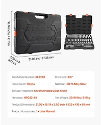 Mecale 76-Piece 3/8" Drive Socket & Ratchet Set, Sae & Metric, Deep & Shallow, Accessories, Storage Case, Cr-v Alloy Steel