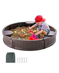 Mecale Round Sandbox w/ Cover, 47.2" x 9.1", Hdpe w/ 3 Corner Seats & Bottom Liner, Ages 3-12