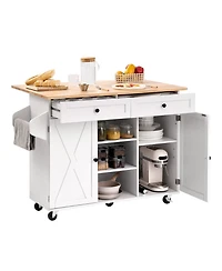 Volenca 52" Kitchen Island Cart with Solid Wood Top, Storage Cabinet, Drop Leaf, Drawers, Spice Rack, Towel Rack, Swivel Wheels