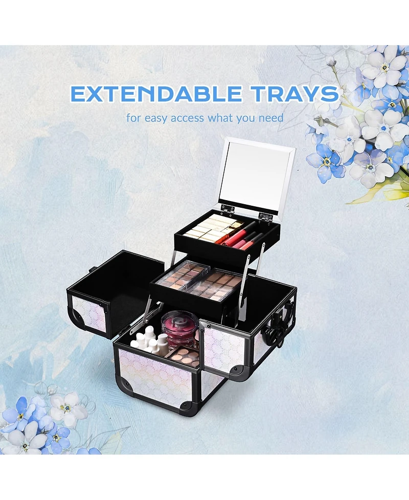 Byootique Rolling Makeup Train Case w/ Cube Case Cosmetic Organizer ForgetMeNot