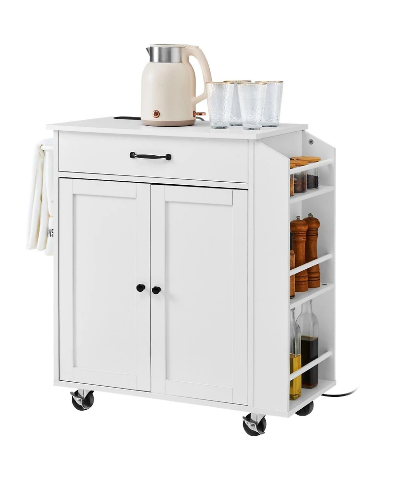 Volenca 32" Kitchen Island Cart with Power Outlet, Storage Cabinet, Drawer, Adjustable Shelf, Spice Rack, Towel Bar, Rolling, White