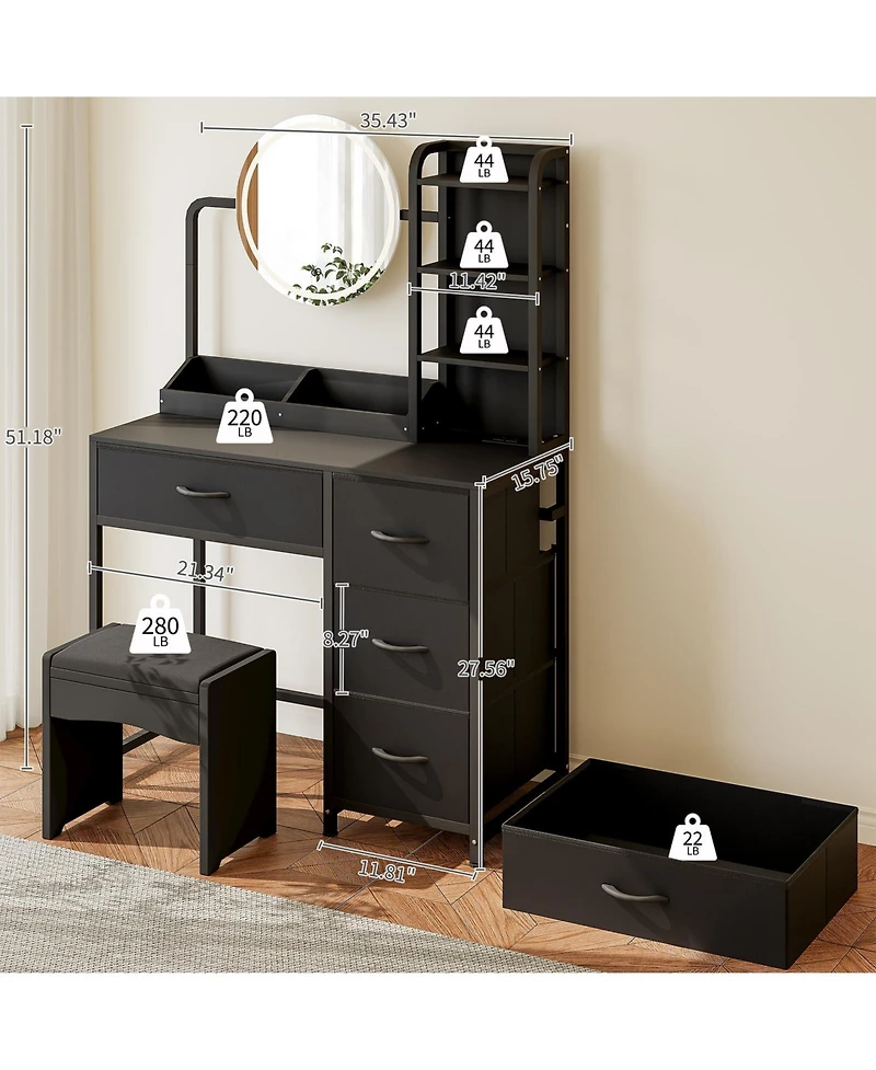 gaomon Vanity Desk with Mirror and Lights, Wood Dressing Table 4 Fabric Drawers, Makeup Hair Dryer Rack for Bedroom Room