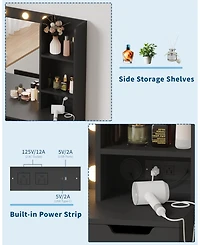 Modern Vanity Desk with Mirror, Power Outlet, 4 Drawer & Three Level Storage