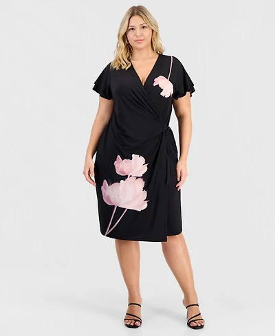 Anne Klein Plus Flutter-Sleeve Faux-Wrap Dress