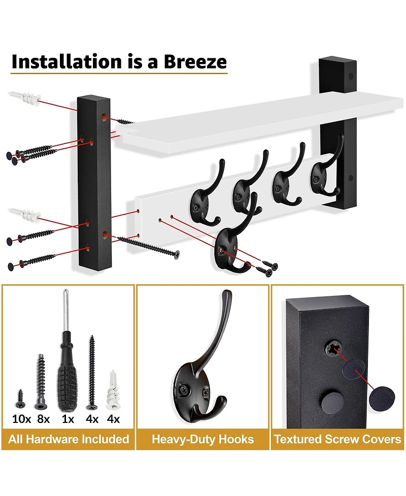 Sorbus Inch Floating Wall Shelf with 5 Heavy Duty Hooks – for Entryway, Bathroom, Bedroom, Kitchen