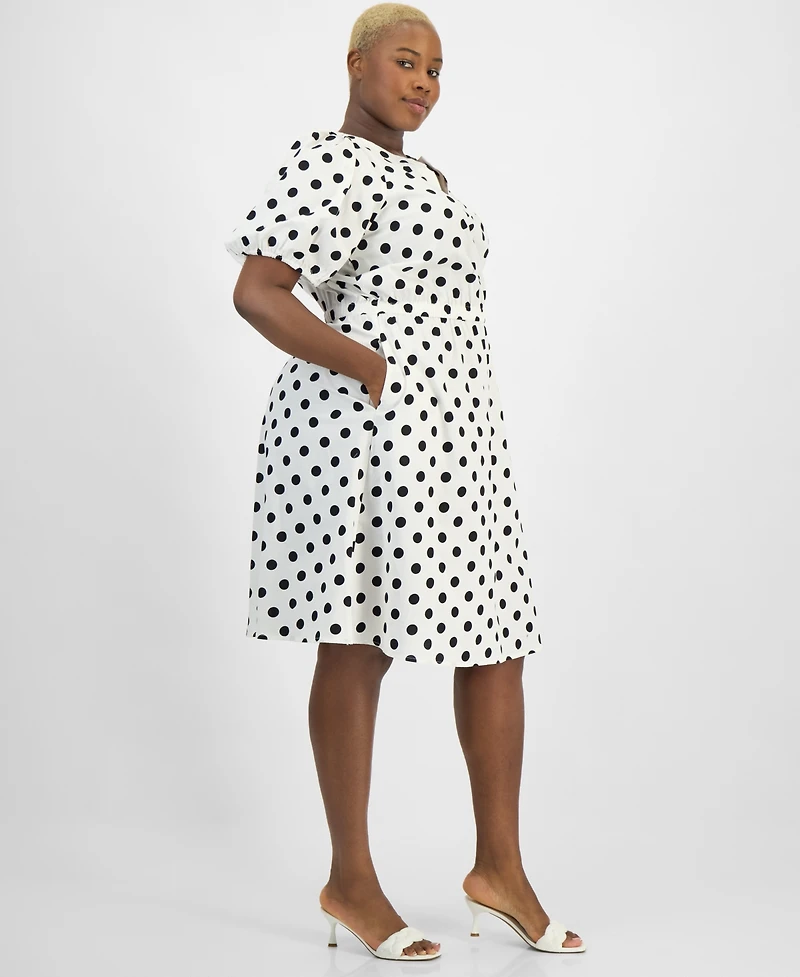 Kasper Plus Dot-Print Puff-Sleeve Smocked-Waist Midi Dress