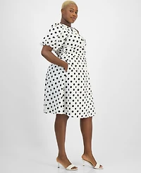 Kasper Plus Dot-Print Puff-Sleeve Smocked-Waist Midi Dress