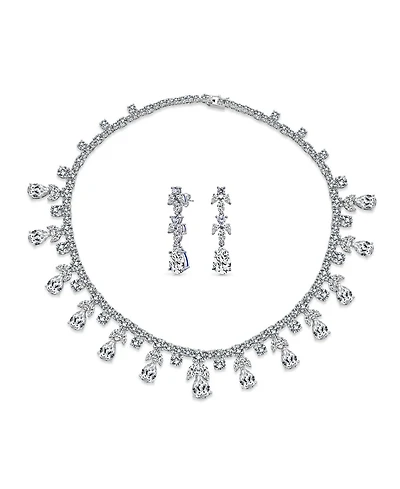 Bling Jewelry Teardrop Cz Spray Collar Statement Necklace & Chandelier Earrings Jewelry Set
