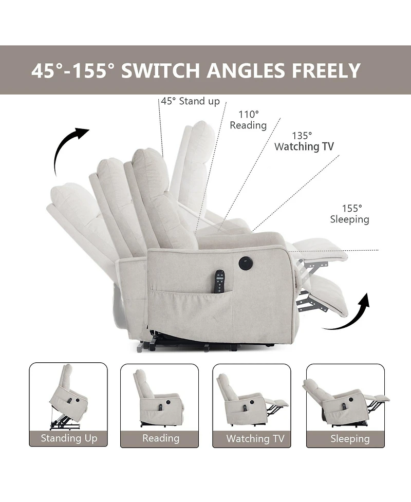 Boyel Living Chenille Power Lift Recliner Chair 155° with Massage Heat Usb for Indoor Elderly