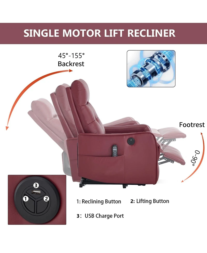 Boyel Living Faux Leather Power Lift Recliner Chair 155° Recliner with Massage Heat Usb for Indoor Elderly