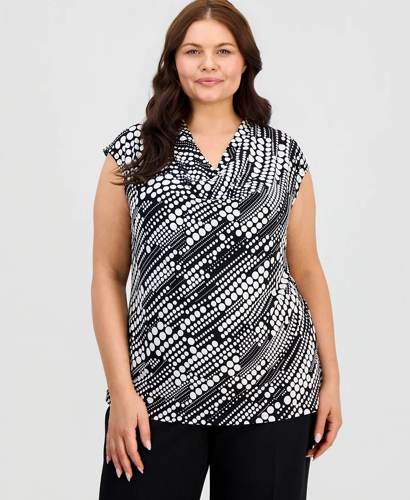 Kasper Plus Printed Cap-Sleeve Cowl-Neck Top