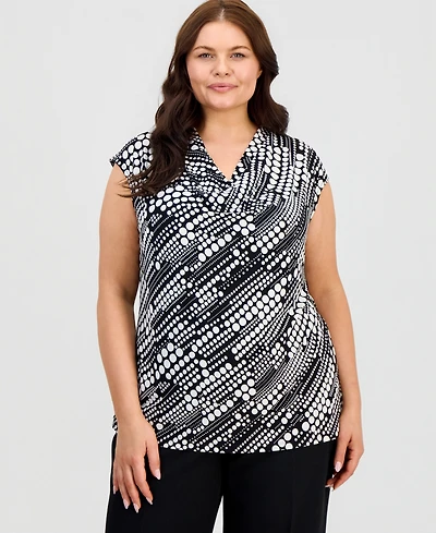 Kasper Plus Printed Cap-Sleeve Cowl-Neck Top