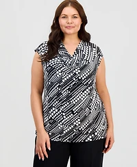 Kasper Plus Printed Cap-Sleeve Cowl-Neck Top