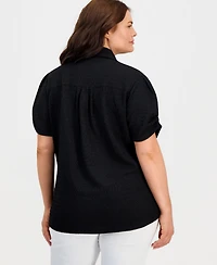 Kasper Plus Button-Front Pleated-Sleeve Top