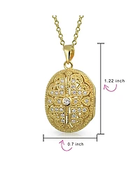 Bling Jewelry Antique Style Heart & Clover Oval Locket Necklace Gold Plated Sterling Silver