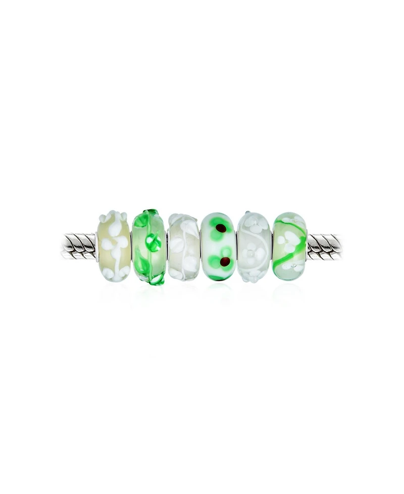 Bling Jewelry White Green 3D Floral Murano Glass Charm Bead Set Sterling Silver for Bracelet