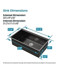 flynama 33inch Undermount Single Bowl Brushed 304 Stainless Steel Handmade Kitchen Sink with Cutting Board and Colander