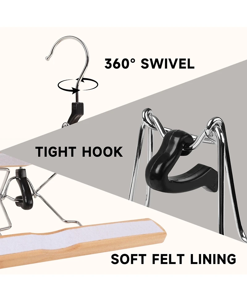 12-Pack Wood Clamp Hangers with Felt Lining, 10-Inch Non-Slip Wooden Pants/Skirts Hangers for Trousers, Jeans, Shorts, and Delicate Fabrics