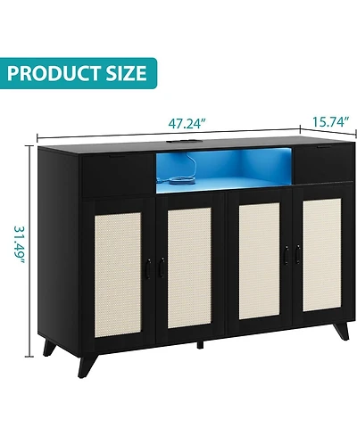 gaomon Rattan Sideboard Buffet Cabinet, 4 Doors 2 Drawers, Built-in Power Outlet, Adjustable Shelves, Kitchen, Dining Room, Black