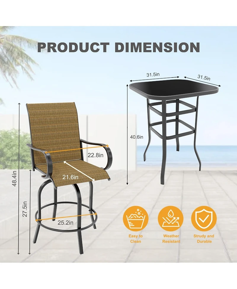 gaomon 3 Piece Patio Swivel Bar Sets, 3PCS Outdoor High Top Bar Set with 2 Outdoor Swivel Chairs and Glass Bar Table