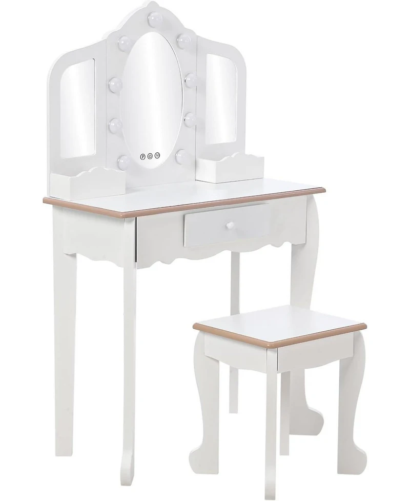 gaomon Kids Vanity Set with 3 Mirrors, Pretend Play Girls Table and Chair Lighted Mirror, Stool, Wood Makeup Playset
