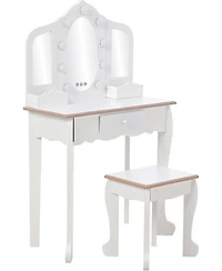 gaomon Kids Vanity Set with 3 Mirrors, Pretend Play Girls Table and Chair Lighted Mirror, Stool, Wood Makeup Playset
