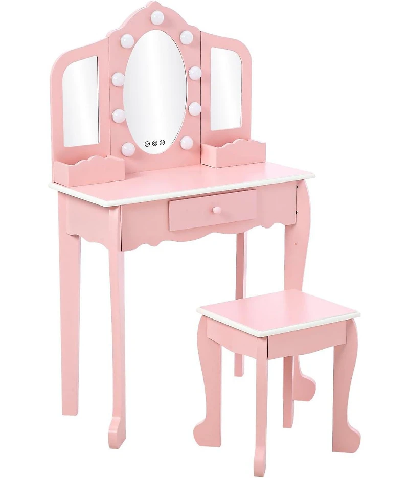 gaomon Kids Vanity Set with 3 Mirrors, Pretend Play Girls Vanity Table and Chair Set with Lighted Mirror, Stool, and Wood Makeup Playset
