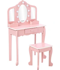 gaomon Kids Vanity Set with 3 Mirrors, Pretend Play Girls Vanity Table and Chair Set with Lighted Mirror, Stool, and Wood Makeup Playset