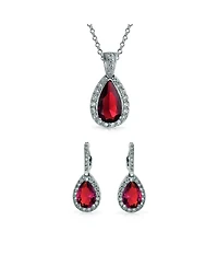 Bling Jewelry Solitaire Teardrop Halo Ruby Red Cz Pendant Necklace Earrings Jewelry Set