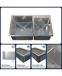 flynama 32inch Overmount Double Bowl Brushed Nickel 304 Stainless Steel Handmade Kitchen Sink Ls SSBR03 with Us Standard Drain and Hook